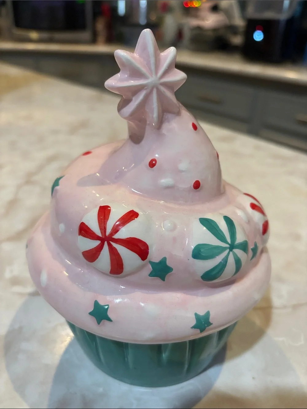 Measuring cup Pink Frosted Cupcake with Red & Teal Candy Accents